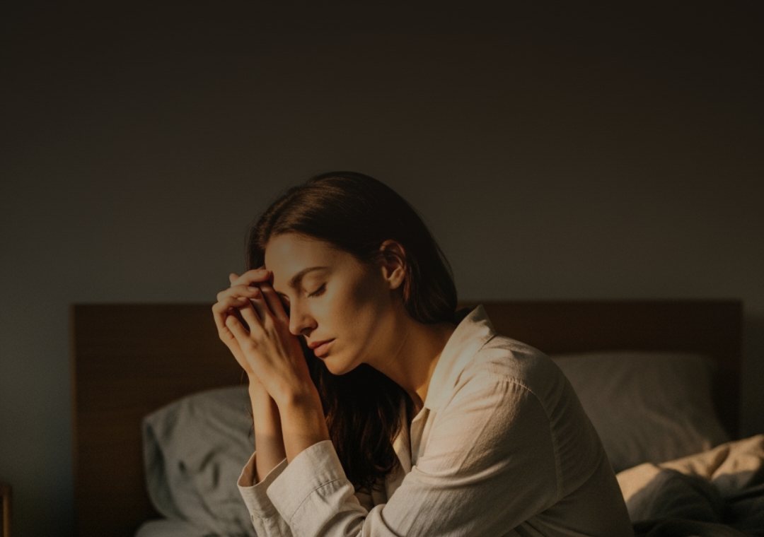 A woman sitting on the edge of her bed in low evening light