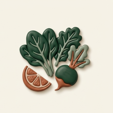 Illustration of leafy greens, a beet and a slice of citrus