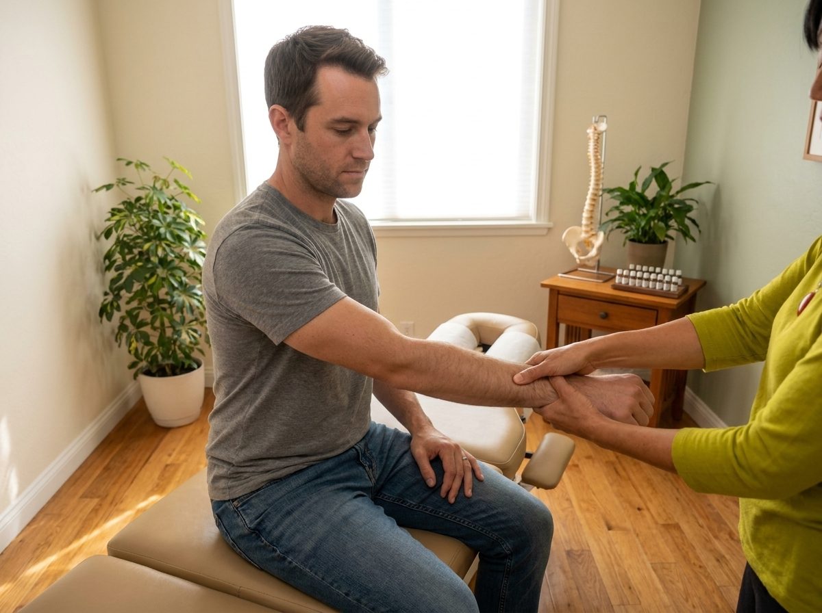 Dr. Bae performing a manual muscle test on a person's extended arm
