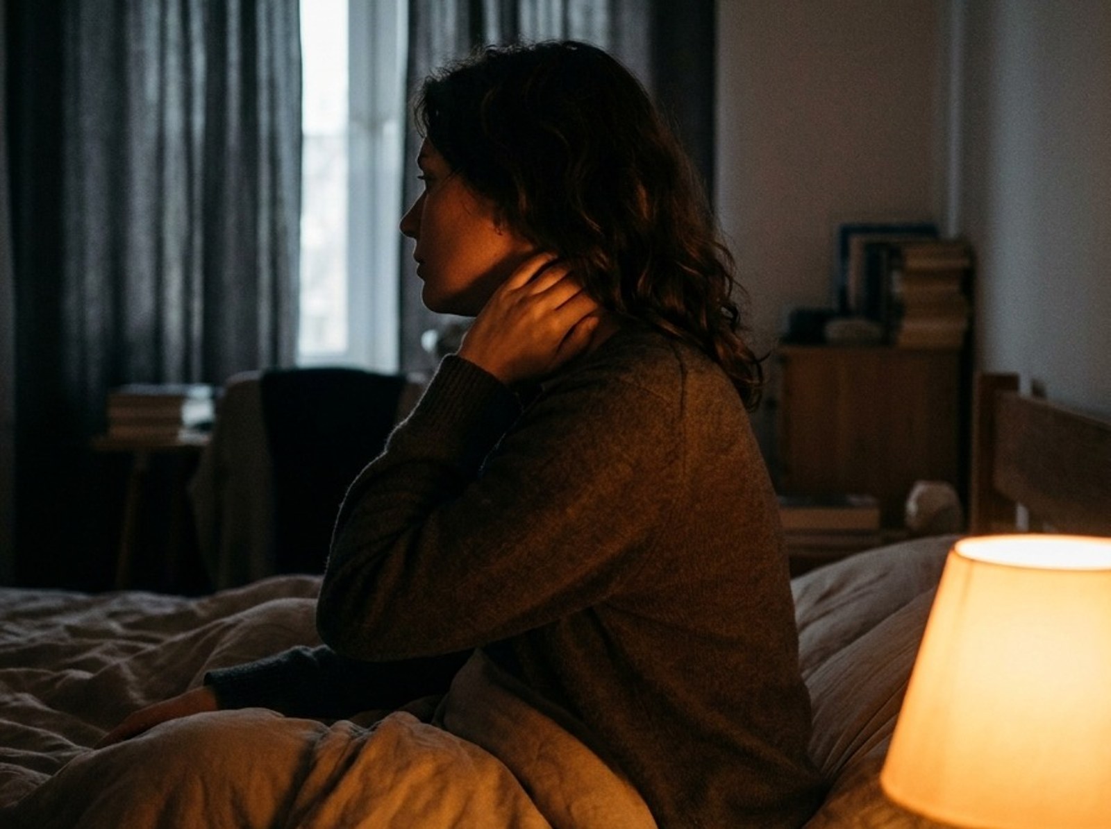 A woman sitting up in bed at 3 AM, hand at the back of her neck