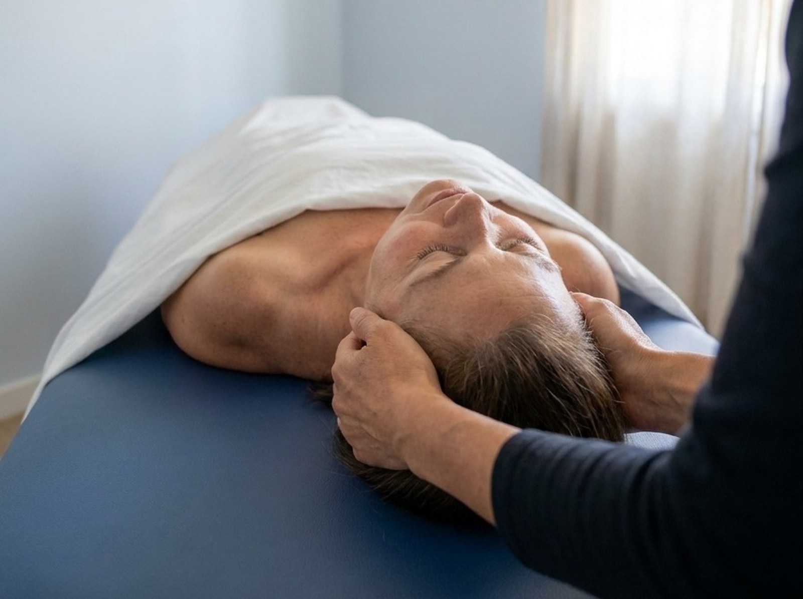 Dr. Bae's hands at the sides of a patient's head on the table