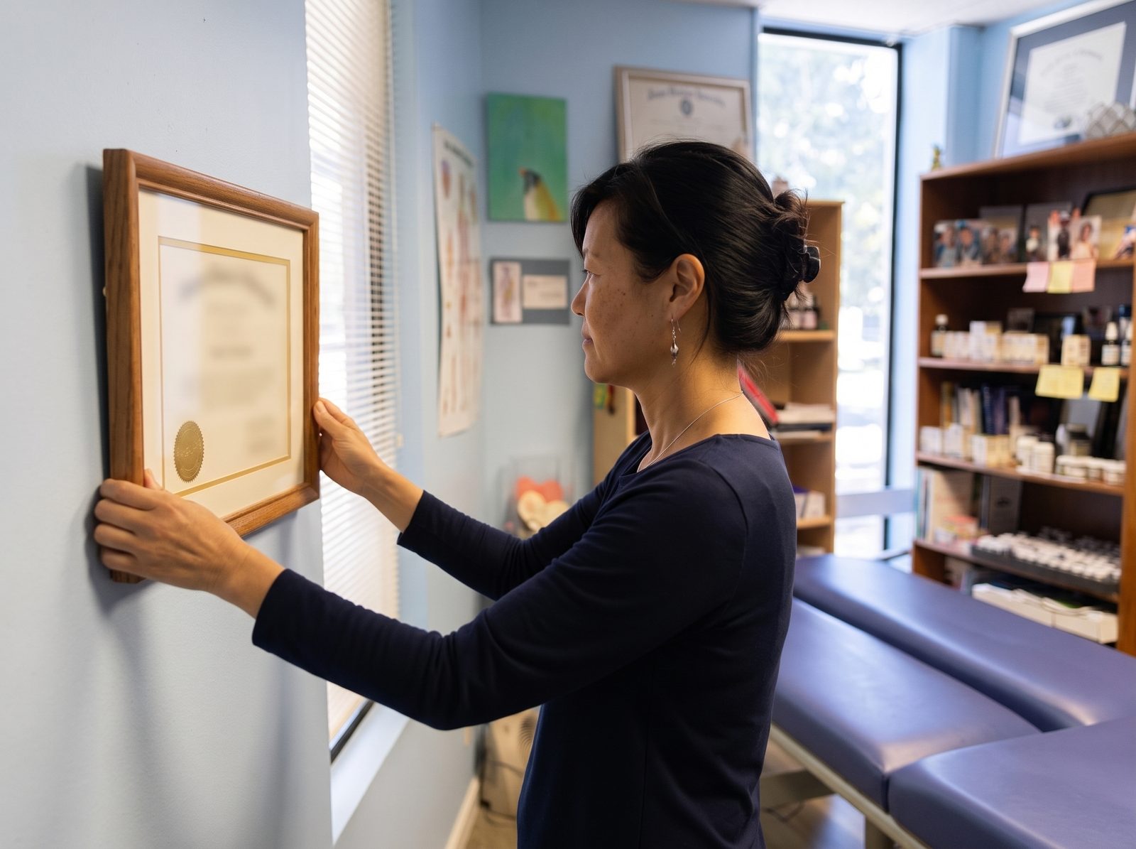 Dr. Bae straightens the framed NET certificate on the wall of her Sunnyvale office