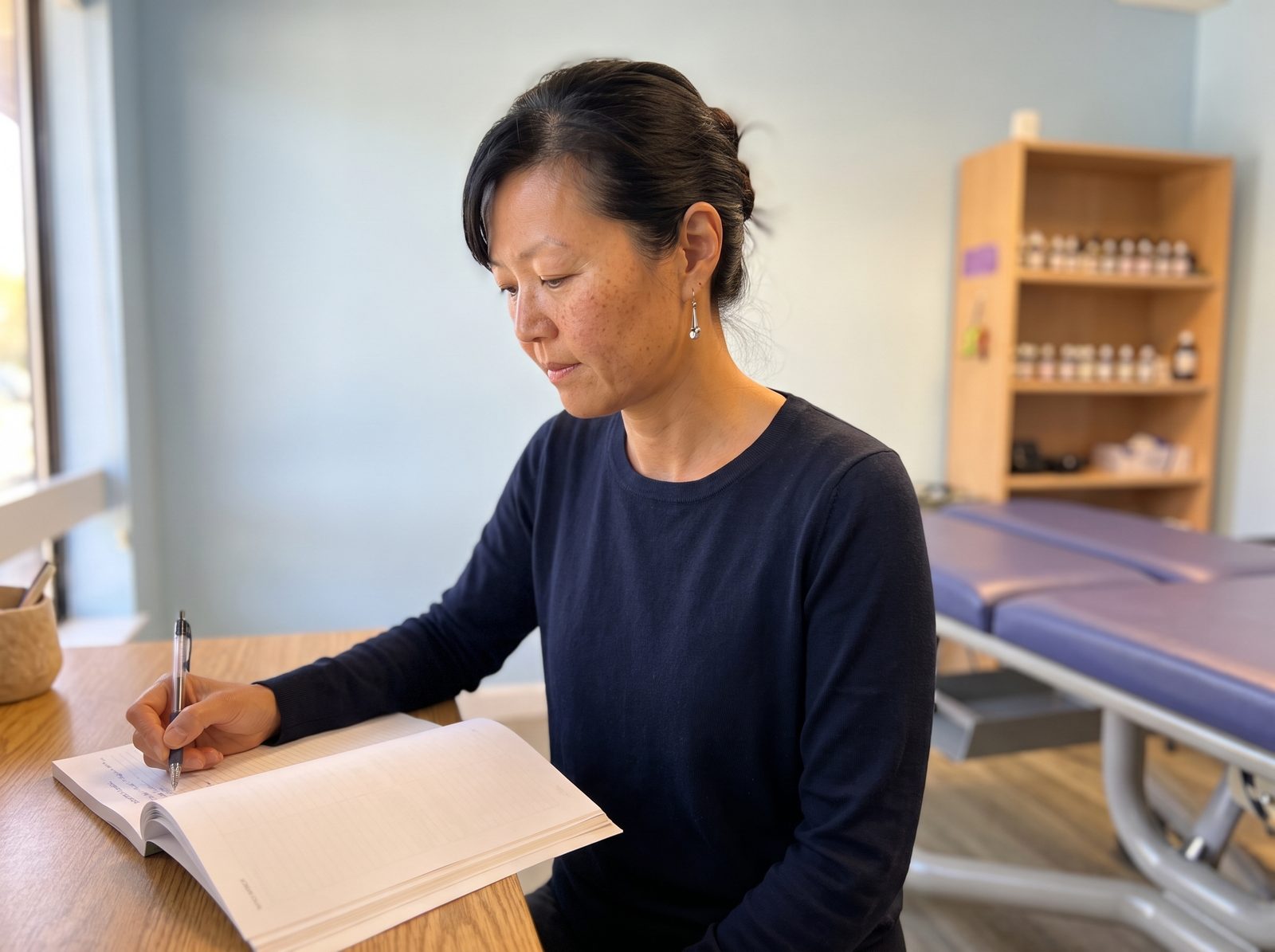 Dr. Bae writing in a chart at the desk in her Sunnyvale office