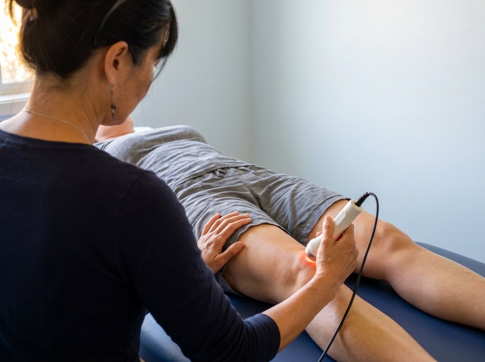 Dr. Bae's hand holding the laser wand on a patient's knee