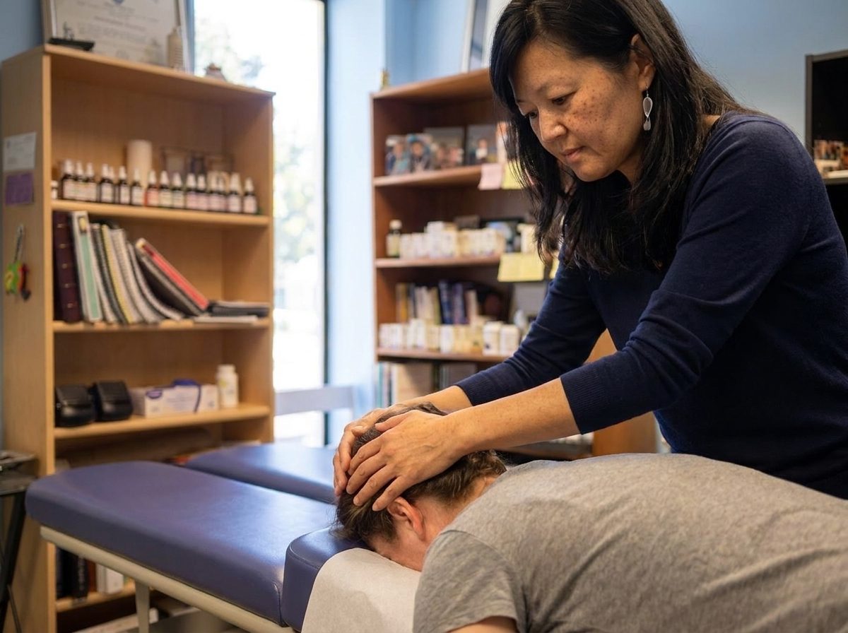 Cranial work: Dr. Bae rests both hands on the crown of a person lying face down on the treatment table