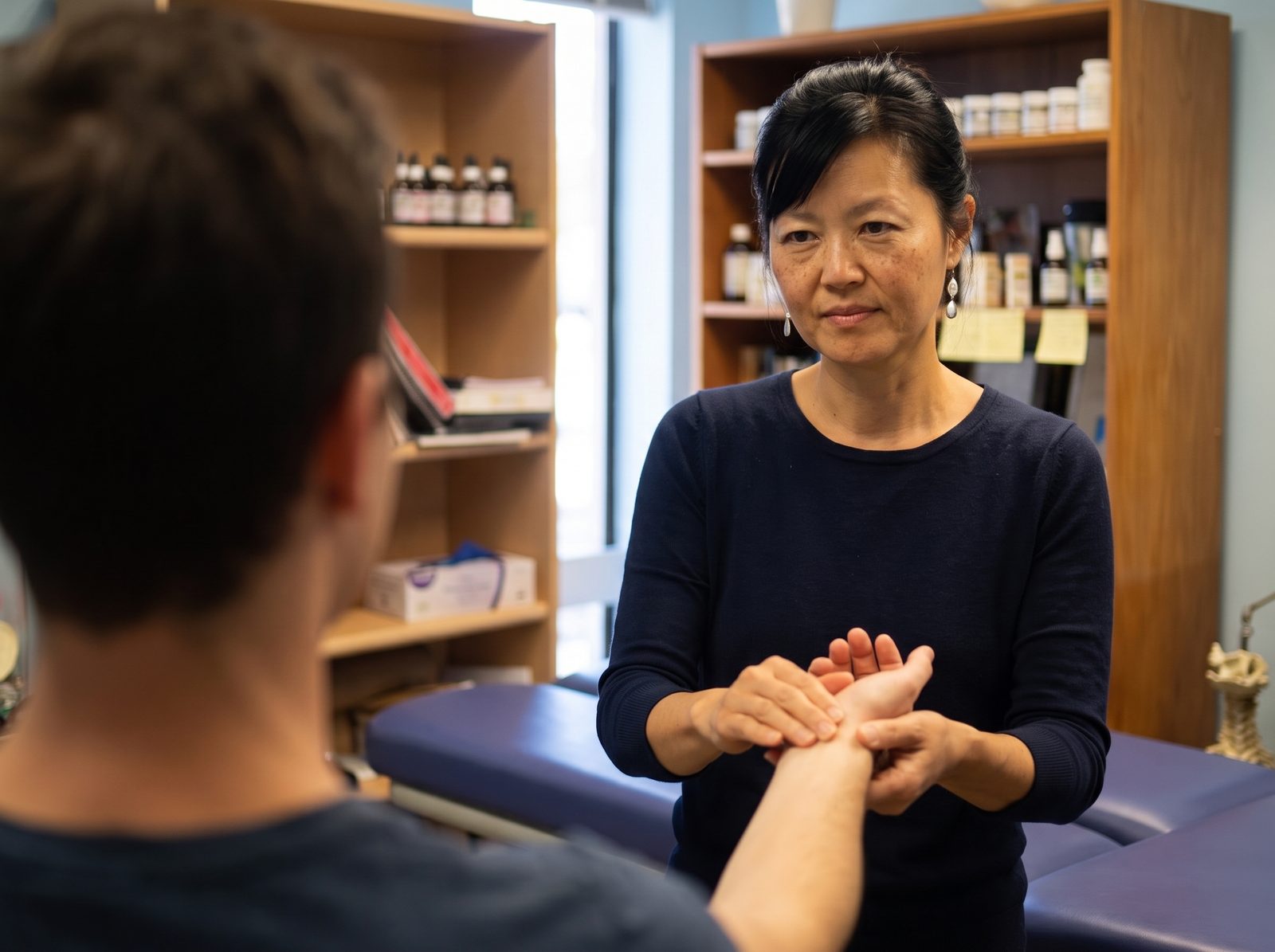 A manual muscle test: a person holds an arm out while Dr. Bae tests at the wrist, seen from behind the person