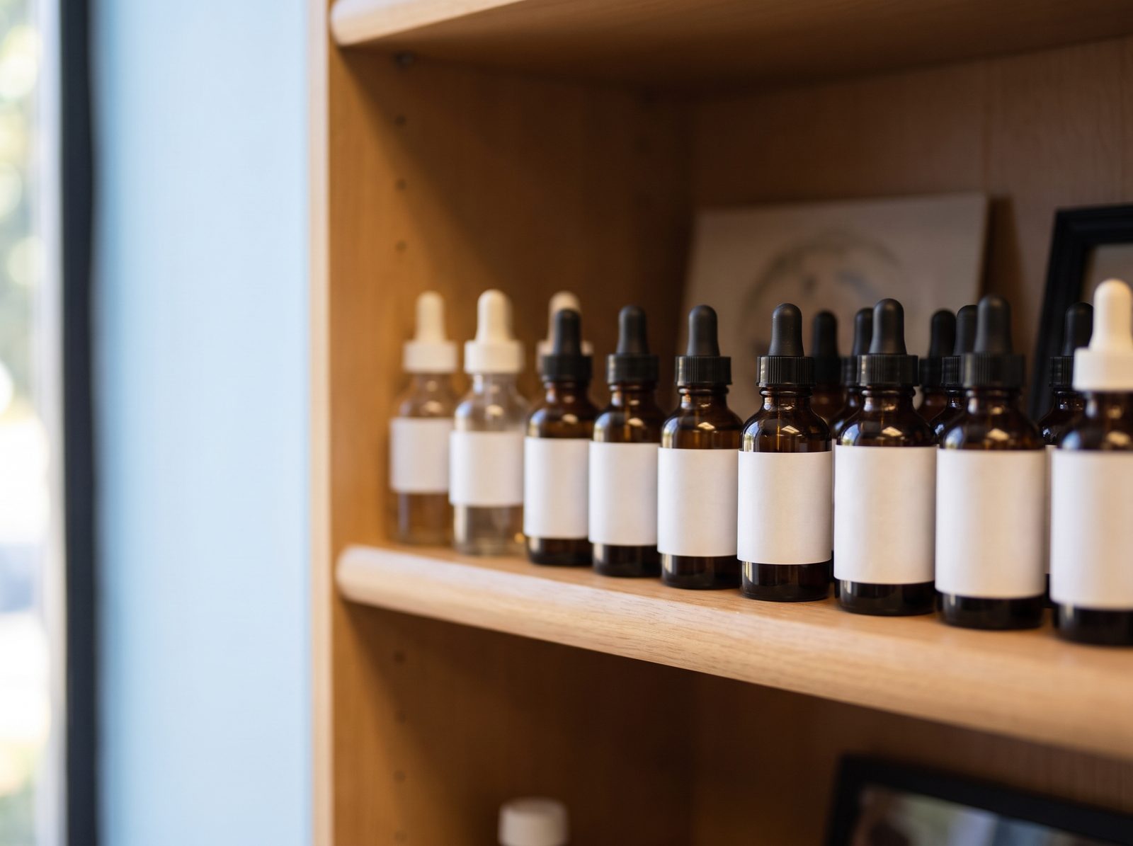 A row of NET remedy bottles on the shelf in the Sunnyvale treatment room