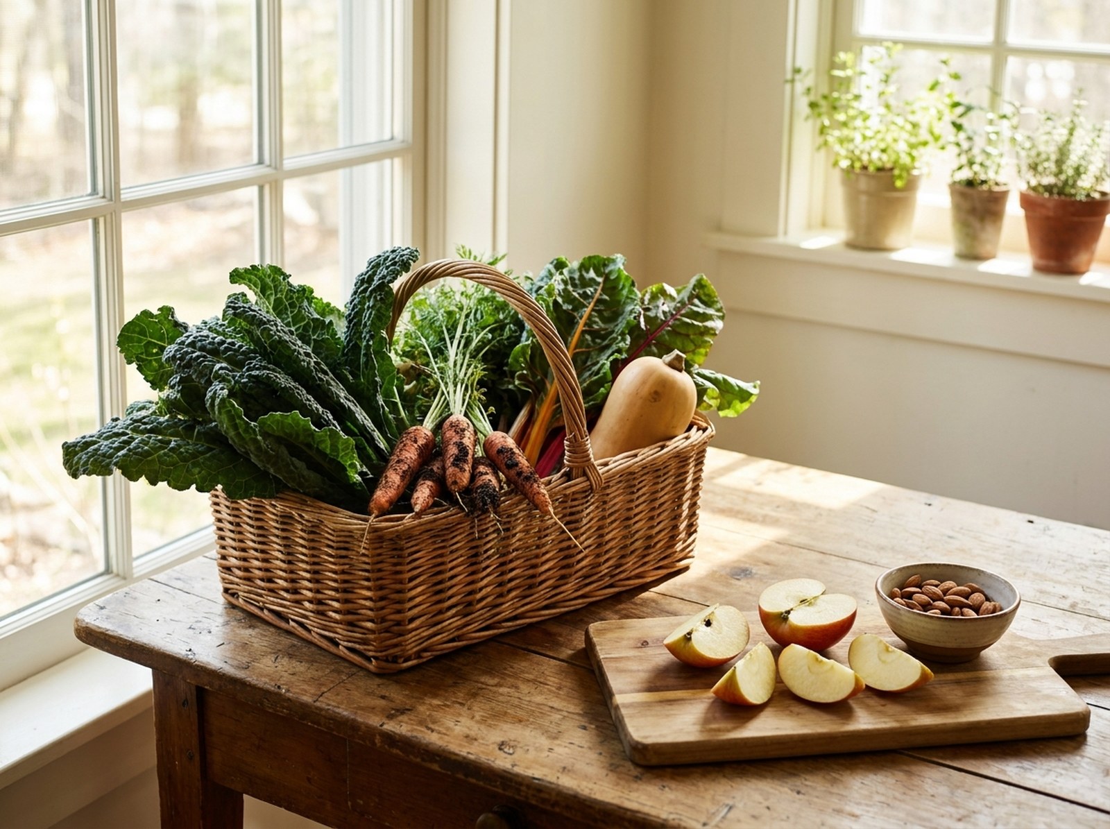 A basket of just-picked kale, chard and carrots on a wooden farm table