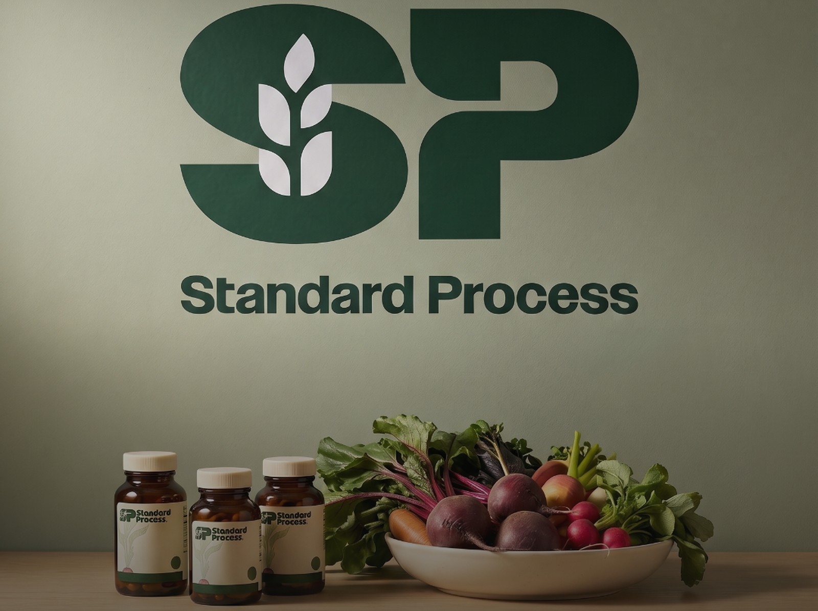 Standard Process whole food supplements beside a bowl of beets, carrots and greens